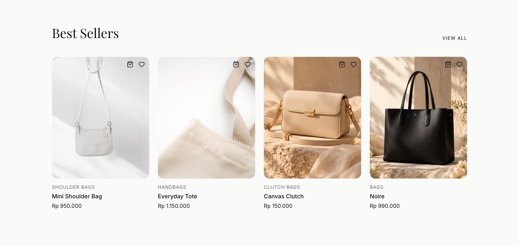 LAVÉRINE best sellers grid with quick add, wishlist, and IDR prices