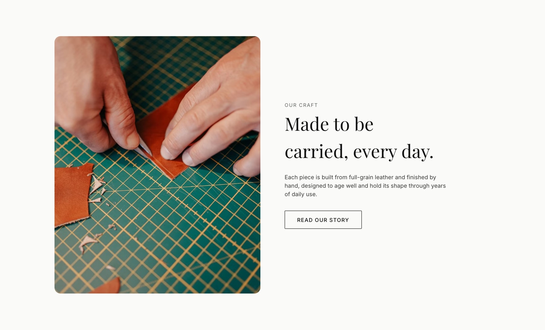 LAVÉRINE craft story, hands cutting leather beside the Made to be carried, every day statement